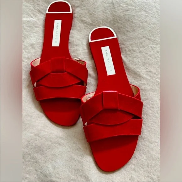 Zara Genuine Leather Red Crossover Slide Sandal Slipper Flat Shoes 37 / 6.5 NWT - Picture 4 of 13